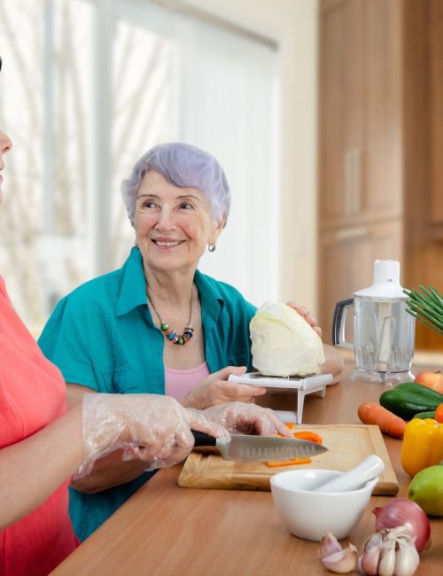 Caring daughter or caretaker and senior adult woman prepare a new vegetarian dish together. The elderly lady looks contented.